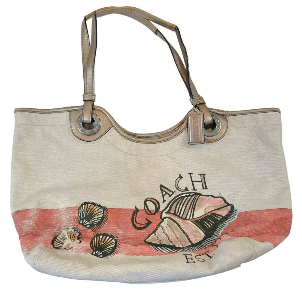 Coach Canvas Tote Bag in Cream with Coral Shell Print